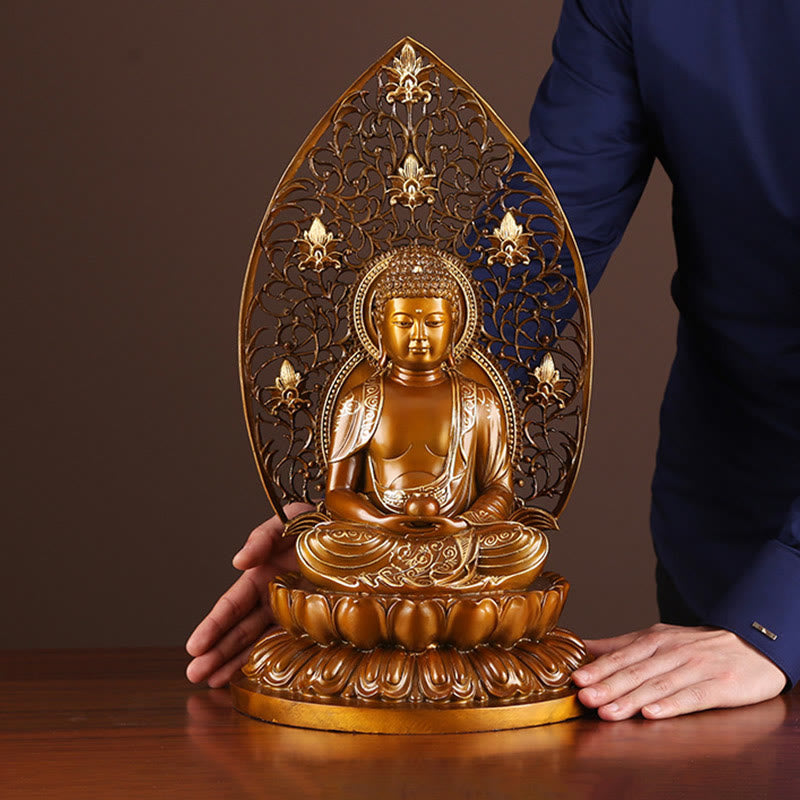 Sakyamuni Amitabha Buddha Statue – lotus petal engraving, brass temple ornament