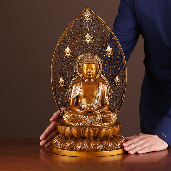 Sakyamuni Amitabha Buddha Statue – lotus petal engraving, brass temple ornament
