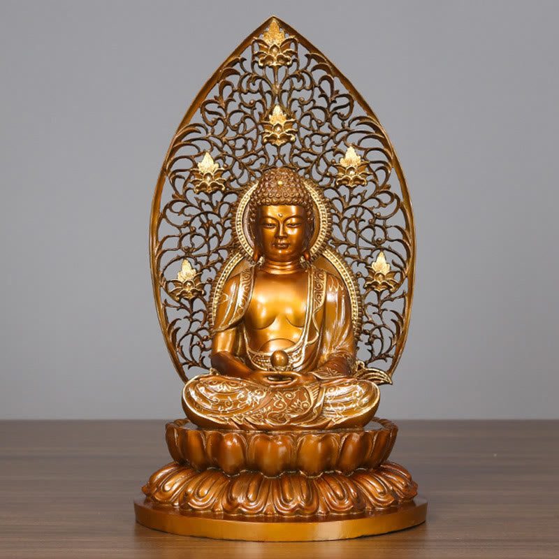 Sakyamuni Amitabha Buddha Statue – filigree mandorla halo detail, sacred Buddhist ornament
