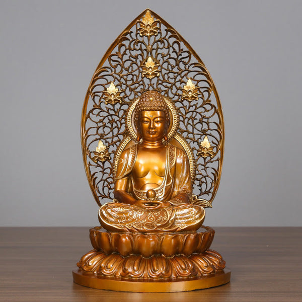 Sakyamuni Amitabha Buddha Statue – filigree mandorla halo detail, sacred Buddhist ornament