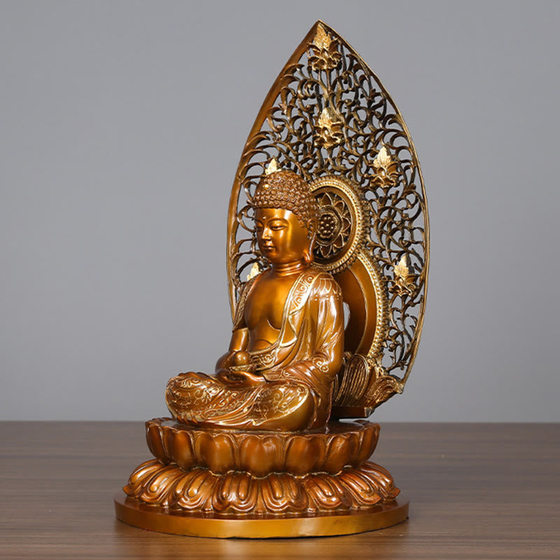 Sakyamuni Amitabha Buddha Statue – meditation mudra hands close-up, brass devotional art
