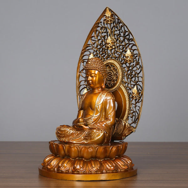 Sakyamuni Amitabha Buddha Statue – meditation mudra hands close-up, brass devotional art
