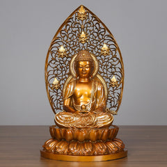 Sakyamuni Amitabha Buddha Statue – filigree mandorla halo detail, sacred Buddhist ornament