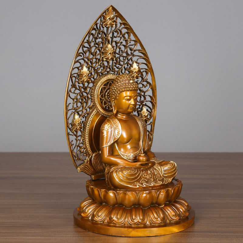Sakyamuni Amitabha Buddha Statue – golden patina texture, copper Buddhist interior decor