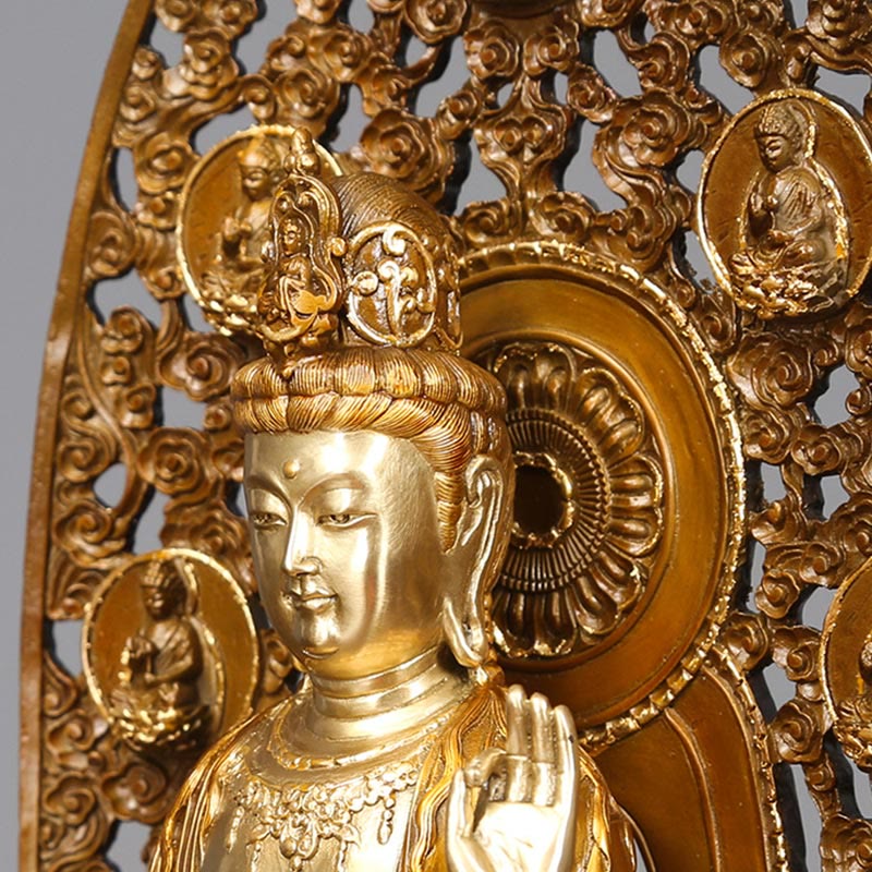Kwan Yin Aura Harmony Statue – blessing hand mudra close-up, brass devotional art piece