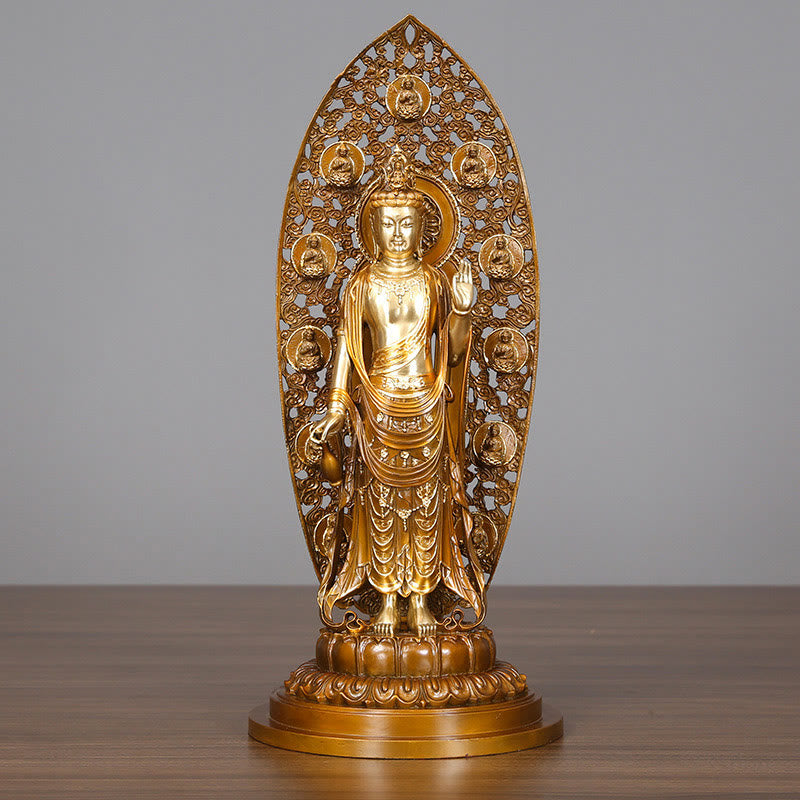 Kwan Yin Aura Harmony Statue – front view with oval aureole, brass Buddhist home decor