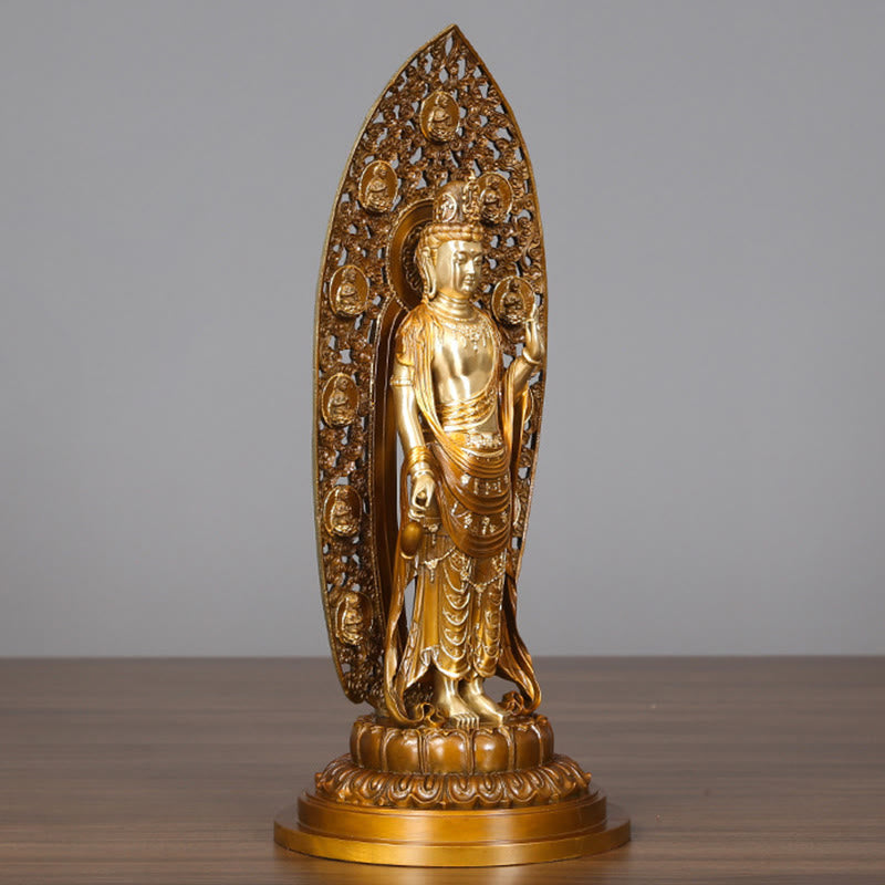 Kwan Yin Aura Harmony Statue – left profile filigree halo detail, spiritual altar sculpture