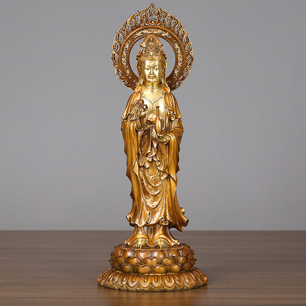 Kwan Yin Lotus Aura Statue – front view golden brass figure on wood, Buddhist home decor