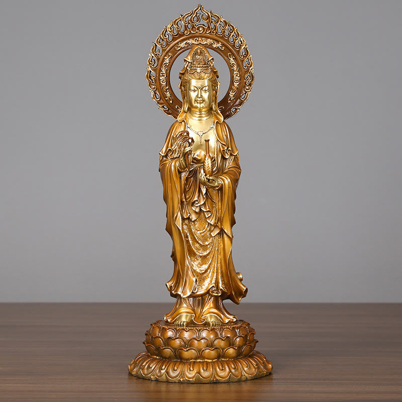 Kwan Yin Lotus Aura Statue – front view golden brass figure on wood, Buddhist home decor