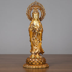 Kwan Yin Lotus Aura Statue – front view golden brass figure on wood, Buddhist home decor