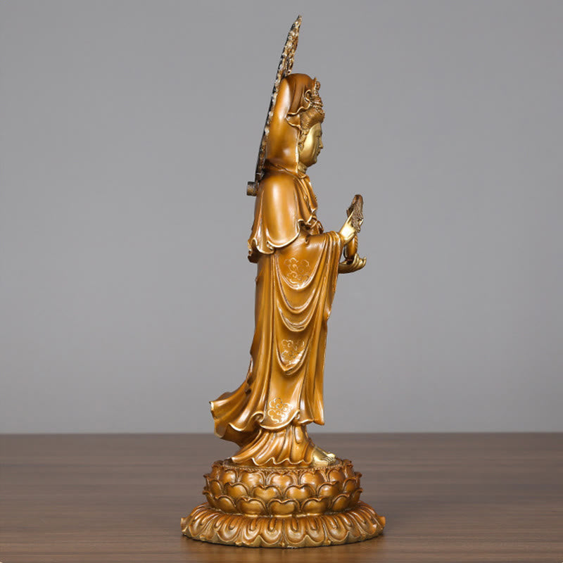 Kwan Yin Lotus Aura Statue – hands holding vase mudra detail, brass compassion art piece
