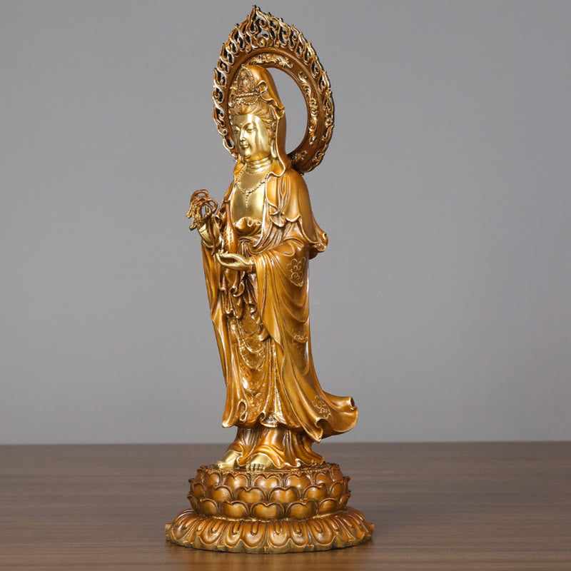 Kwan Yin Lotus Aura Statue – serene face close-up detail, copper bodhisattva craftsmanship