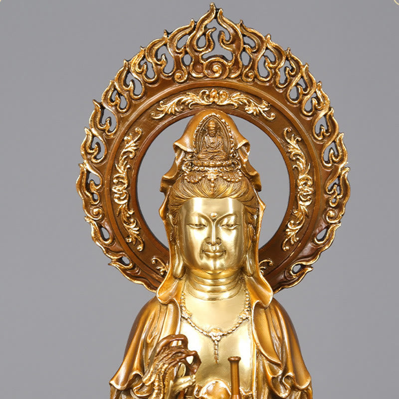 Kwan Yin Lotus Aura Statue – full body against gray backdrop, copper enlightenment statue