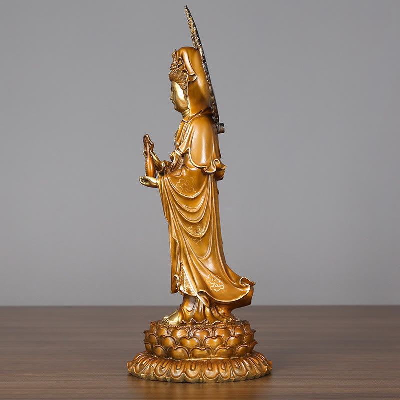 Kwan Yin Lotus Aura Statue – circular flame halo carving detail, sacred Buddhist ornament