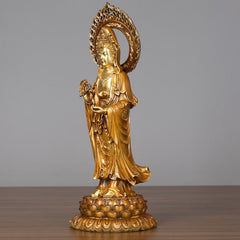 Kwan Yin Lotus Aura Statue – serene face close-up detail, copper bodhisattva craftsmanship