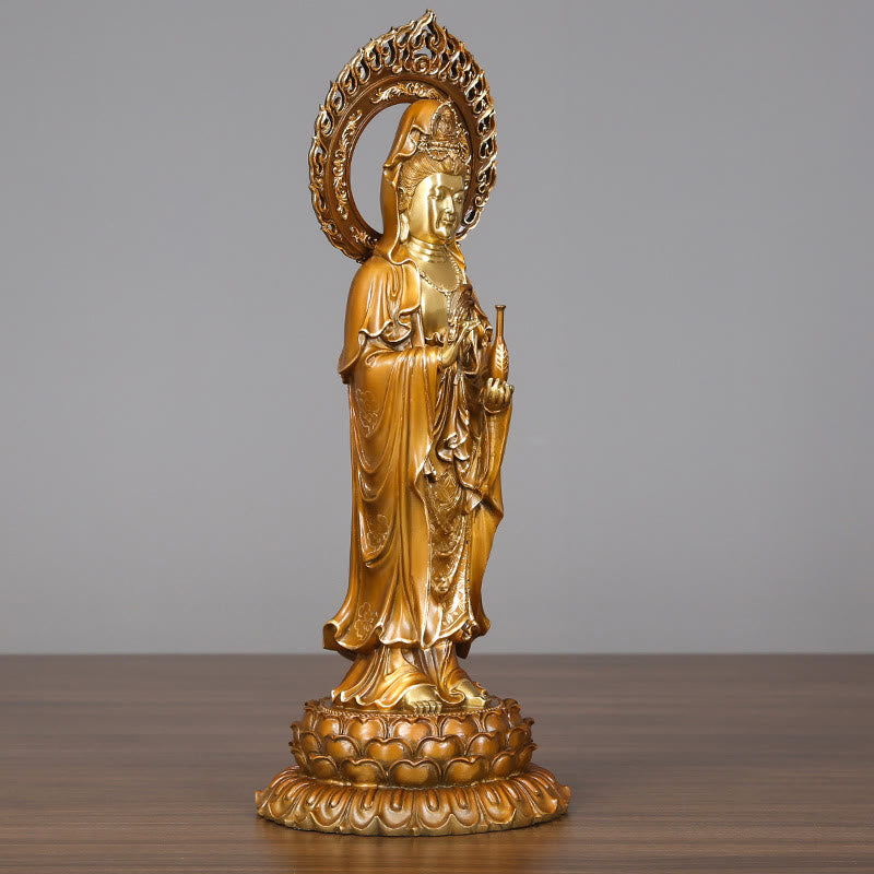 Kwan Yin Lotus Aura Statue – left side profile with flame halo, spiritual altar sculpture