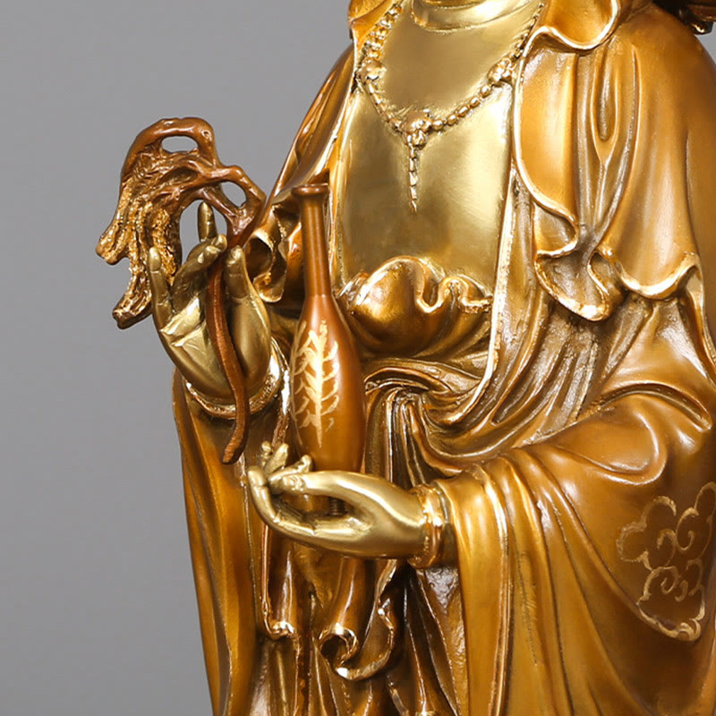 Kwan Yin Lotus Aura Statue – flowing robe drapery texture, handmade divine craft detail