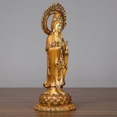 Kwan Yin Lotus Aura Statue – left side profile with flame halo, spiritual altar sculpture