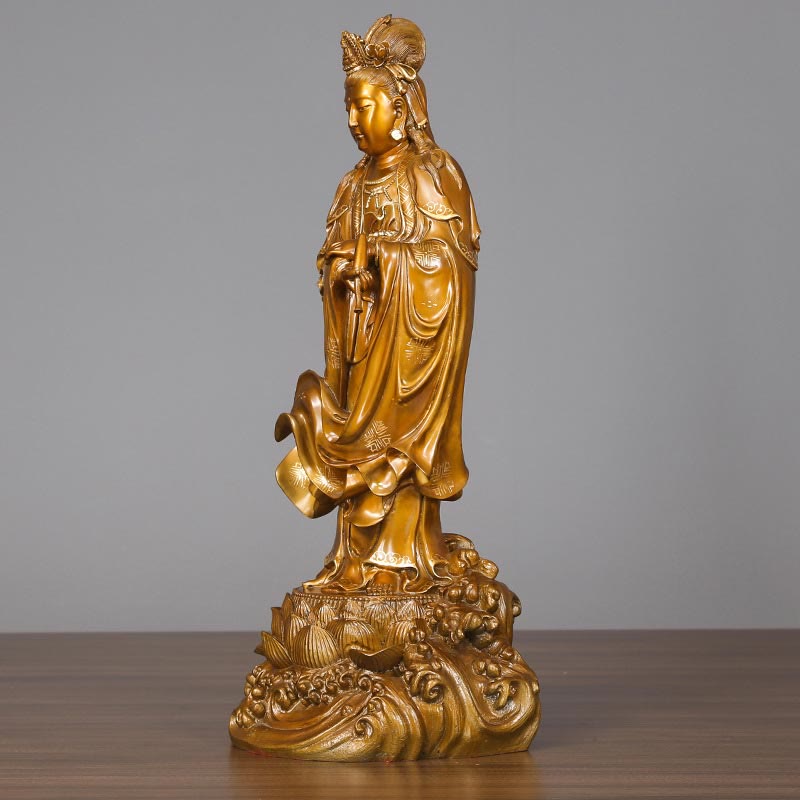 Kwan Yin Avalokitesvara Holding Vase Harmony Brass Copper Statue Home Decor – Lotus stand engraving, pedestal pattern