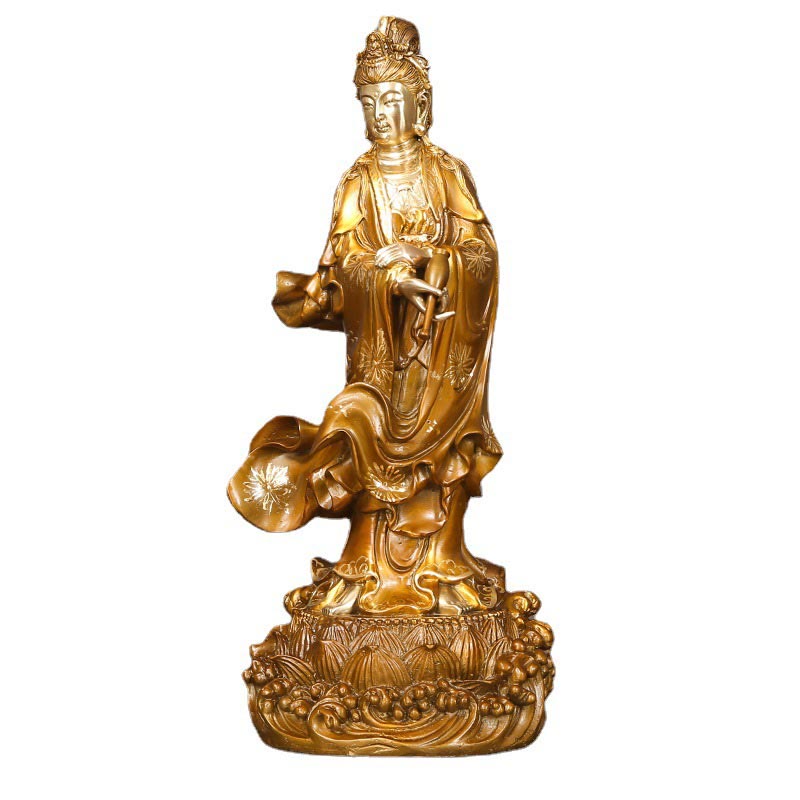 Kwan Yin Avalokitesvara Holding Vase Harmony Brass Copper Statue Home Decor – Candlelight glow, warm brass ambiance