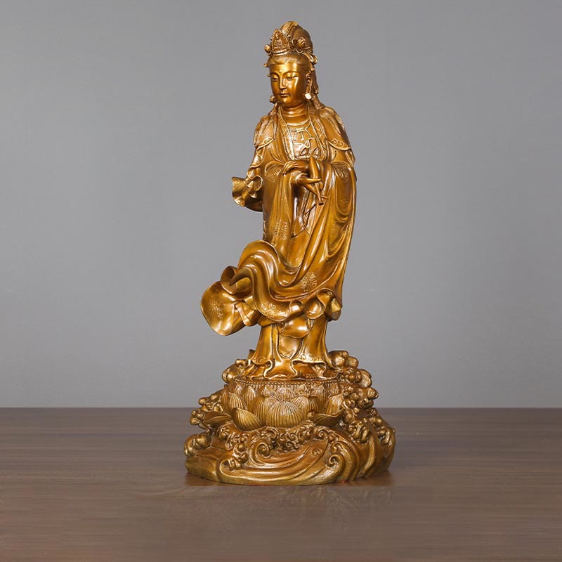 Kwan Yin Avalokitesvara Holding Vase Harmony Brass Copper Statue Home Decor – Flower altar arrangement, devotional offering