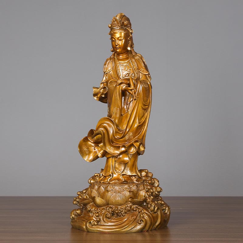 Kwan Yin Avalokitesvara Holding Vase Harmony Brass Copper Statue Home Decor – Back hair detail, traditional deity styling