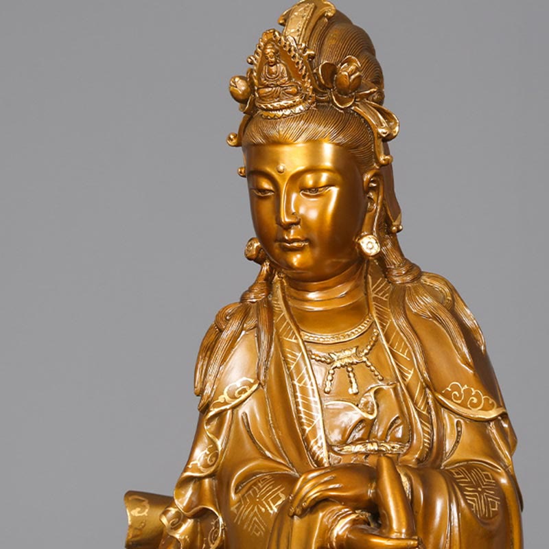 Kwan Yin Avalokitesvara Holding Vase Harmony Brass Copper Statue Home Decor – Candle scale reference, dimension guide view
