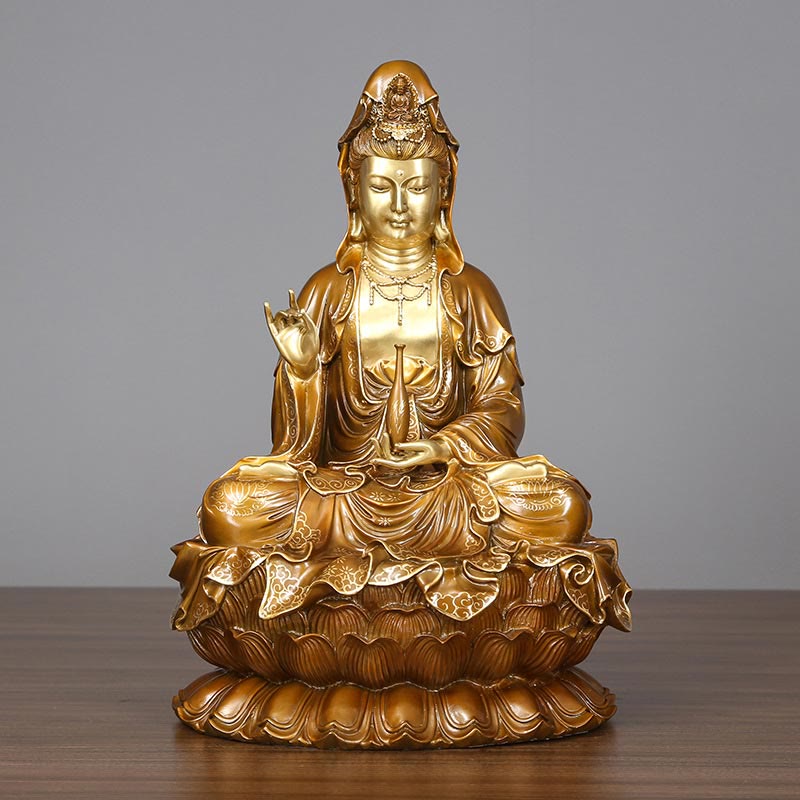 Kwan Yin Avalokitesvara Lotus Sitting Harmony Brass Copper Statue Altar Decor – Ruler dimension guide, size reference detail