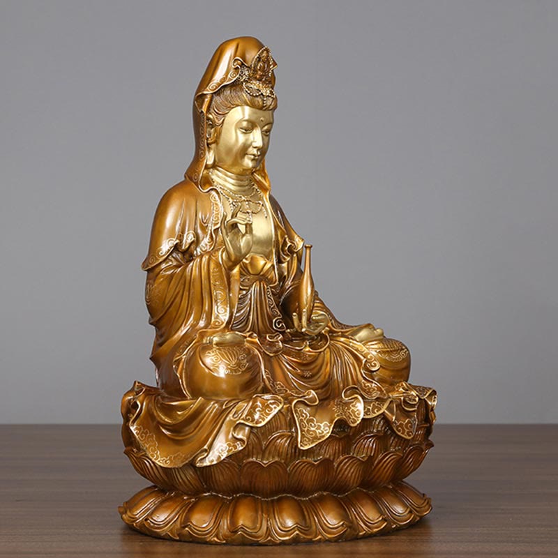 Kwan Yin Avalokitesvara Lotus Sitting Harmony Brass Copper Statue Altar Decor – Lotus petal detail, sacred flower throne