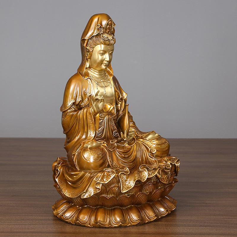 Kwan Yin Avalokitesvara Lotus Sitting Harmony Brass Copper Statue Altar Decor – Jewelry necklace close-up, ornamental craft