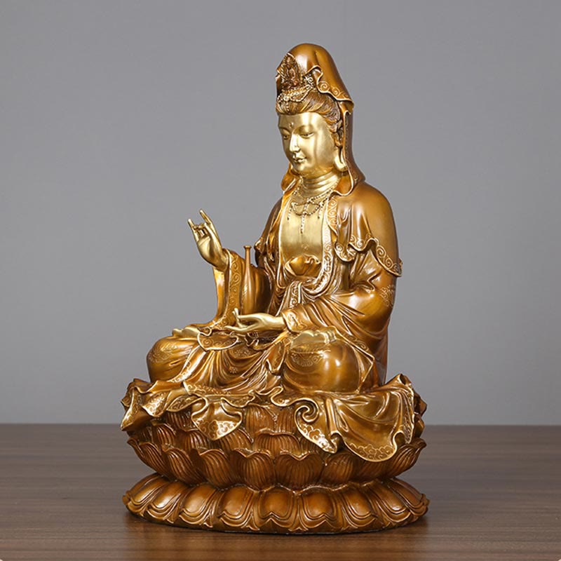 Kwan Yin Avalokitesvara Lotus Sitting Harmony Brass Copper Statue Altar Decor – Robe fold texture, brass casting realism