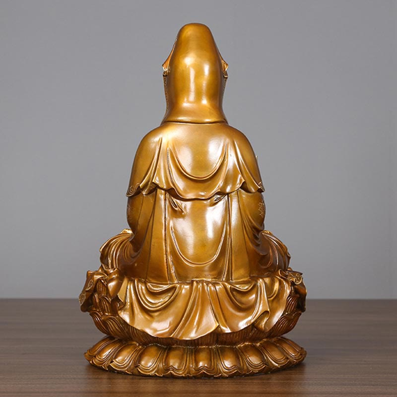 Kwan Yin Avalokitesvara Lotus Sitting Harmony Brass Copper Statue Altar Decor – Nectar vase hand, healing elixir close-up