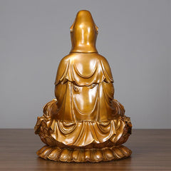 Kwan Yin Avalokitesvara Lotus Sitting Harmony Brass Copper Statue Altar Decor – Nectar vase hand, healing elixir close-up