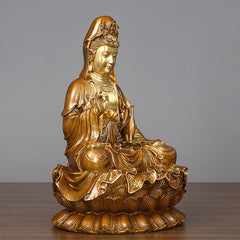 Kwan Yin Avalokitesvara Lotus Sitting Harmony Brass Copper Statue Altar Decor – Lotus petal detail, sacred flower throne