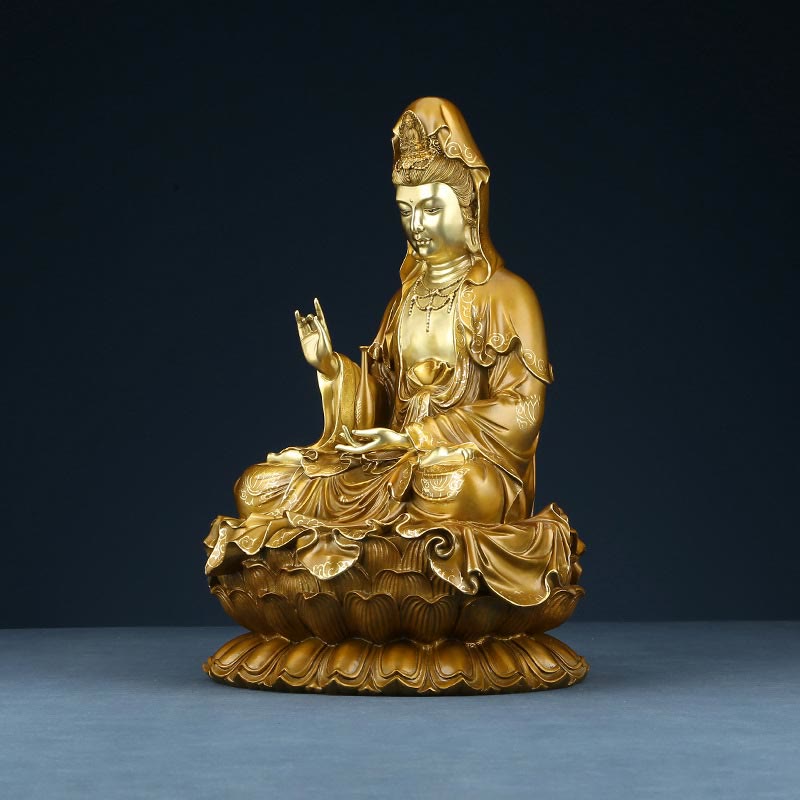 Kwan Yin Avalokitesvara Lotus Sitting Harmony Brass Copper Statue Altar Decor – Morning sunlight face, golden glow ambiance