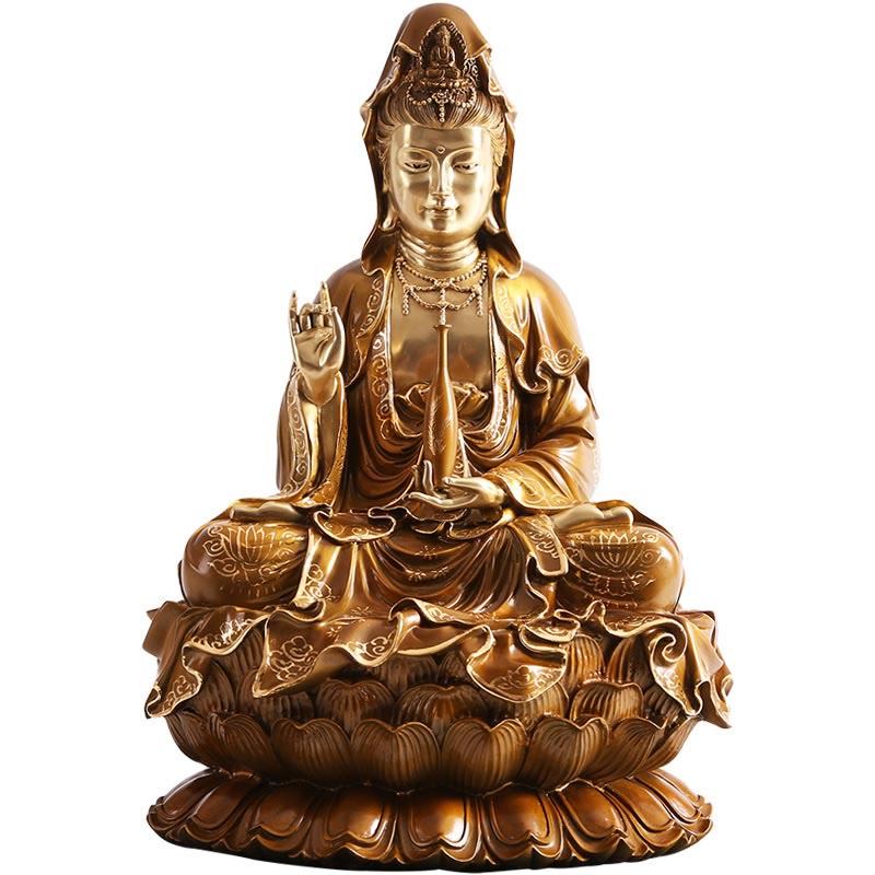 Kwan Yin Avalokitesvara Lotus Sitting Harmony Brass Copper Statue Altar Decor – Cushion pairing idea, zen seating decor