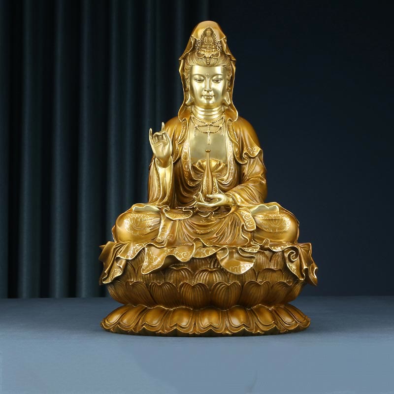 Kwan Yin Avalokitesvara Lotus Sitting Harmony Brass Copper Statue Altar Decor – Front lotus seated, meditative Kwan Yin pose