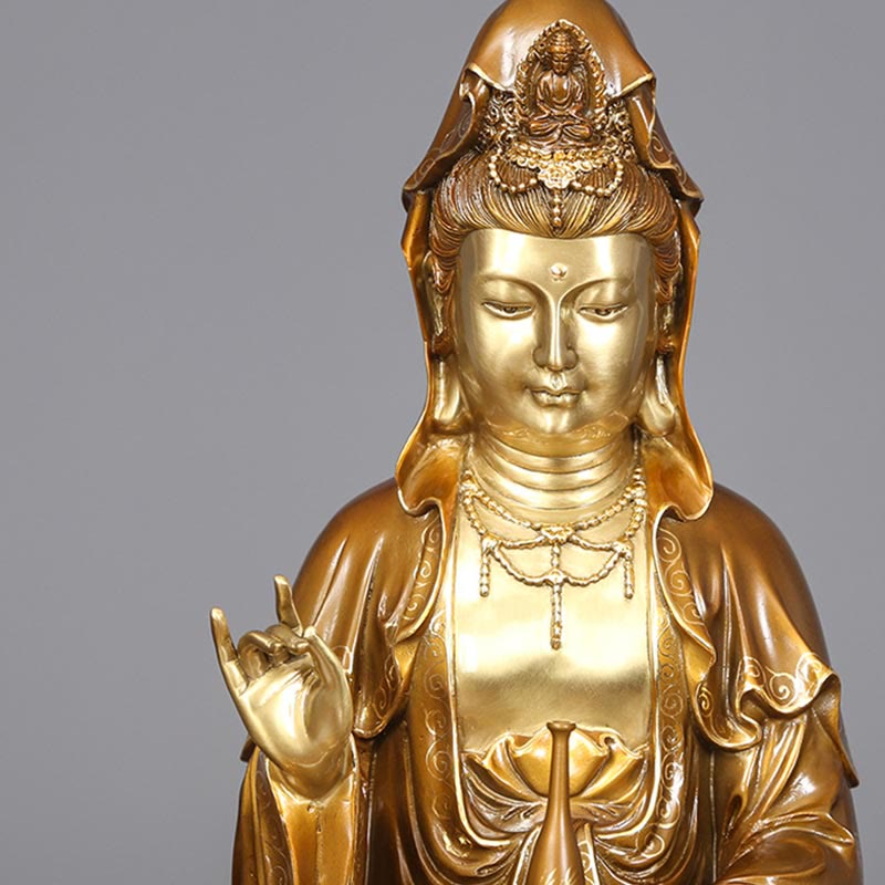 Kwan Yin Avalokitesvara Lotus Sitting Harmony Brass Copper Statue Altar Decor – Blended brass copper, warm metal tone