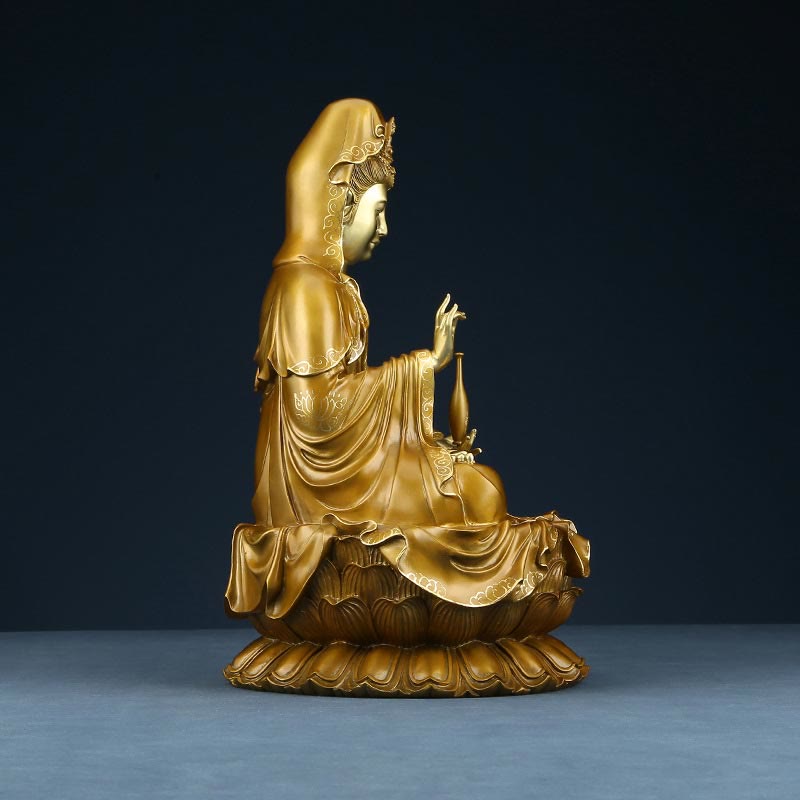 Kwan Yin Avalokitesvara Lotus Sitting Harmony Brass Copper Statue Altar Decor – Three-quarter seated, best display angle