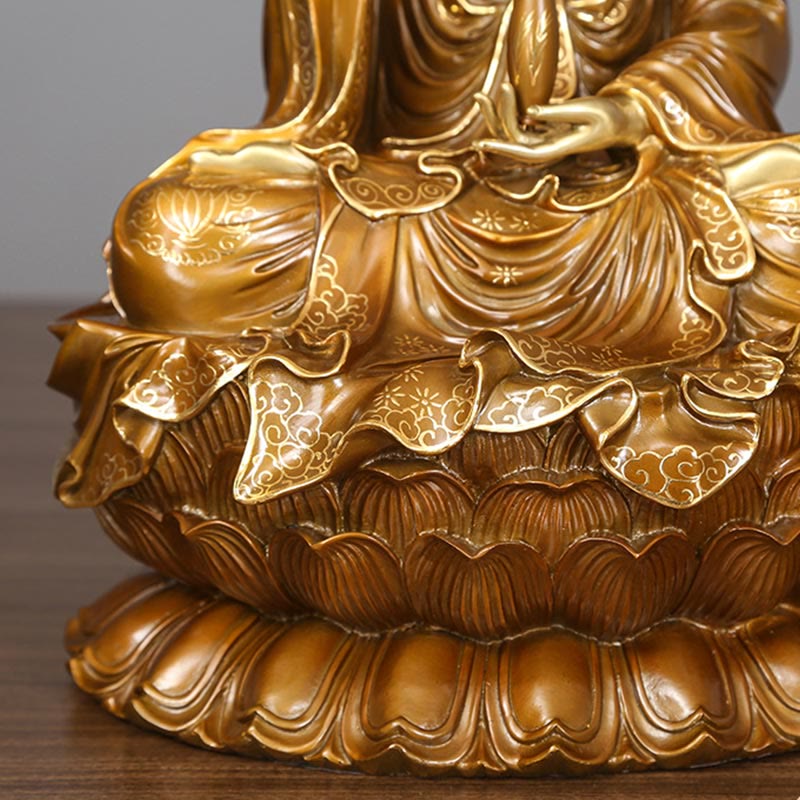 Kwan Yin Avalokitesvara Lotus Sitting Harmony Brass Copper Statue Altar Decor – Back hair bun detail, traditional deity style