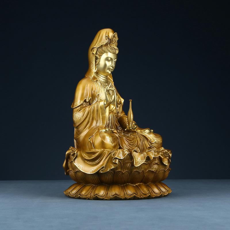 Kwan Yin Avalokitesvara Lotus Sitting Harmony Brass Copper Statue Altar Decor – Velvet box interior, luxury statue packaging