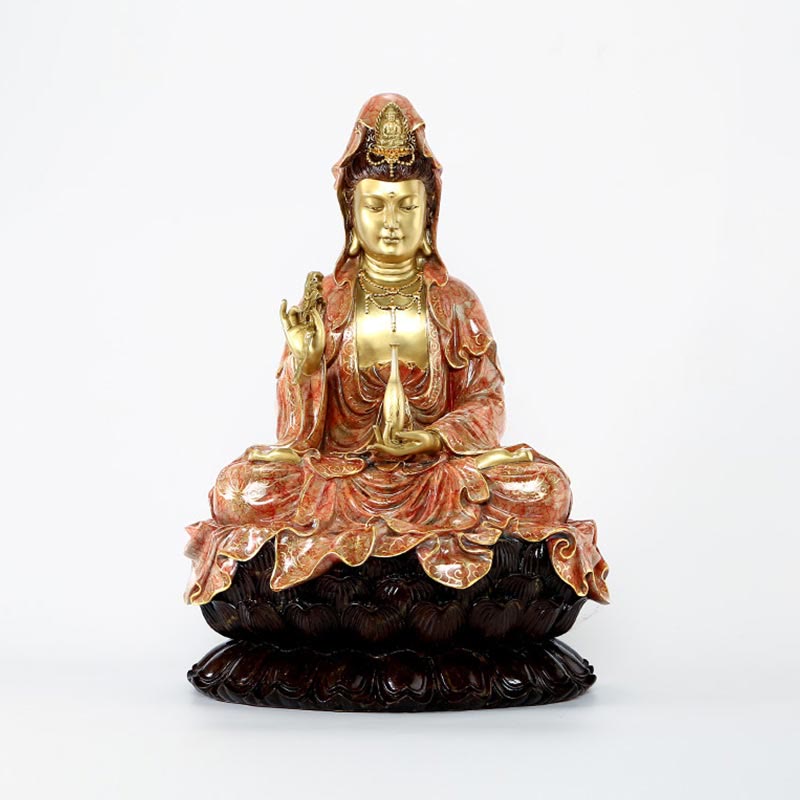 Kwan Yin Avalokitesvara Lotus Sitting Harmony Brass Copper Statue Altar Decor – Cleaning care demo, maintenance guide shown