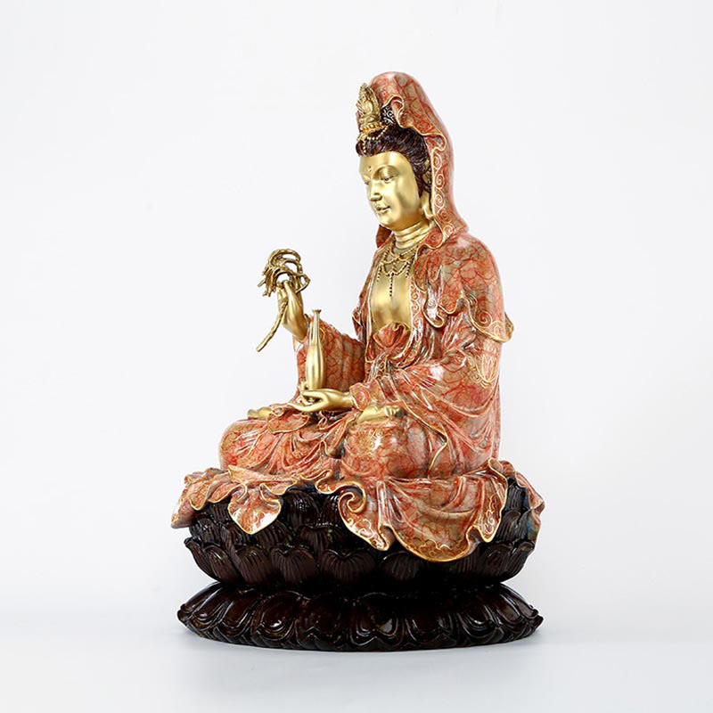 Kwan Yin Avalokitesvara Lotus Sitting Harmony Brass Copper Statue Altar Decor – Gift blessing card, thoughtful present detail