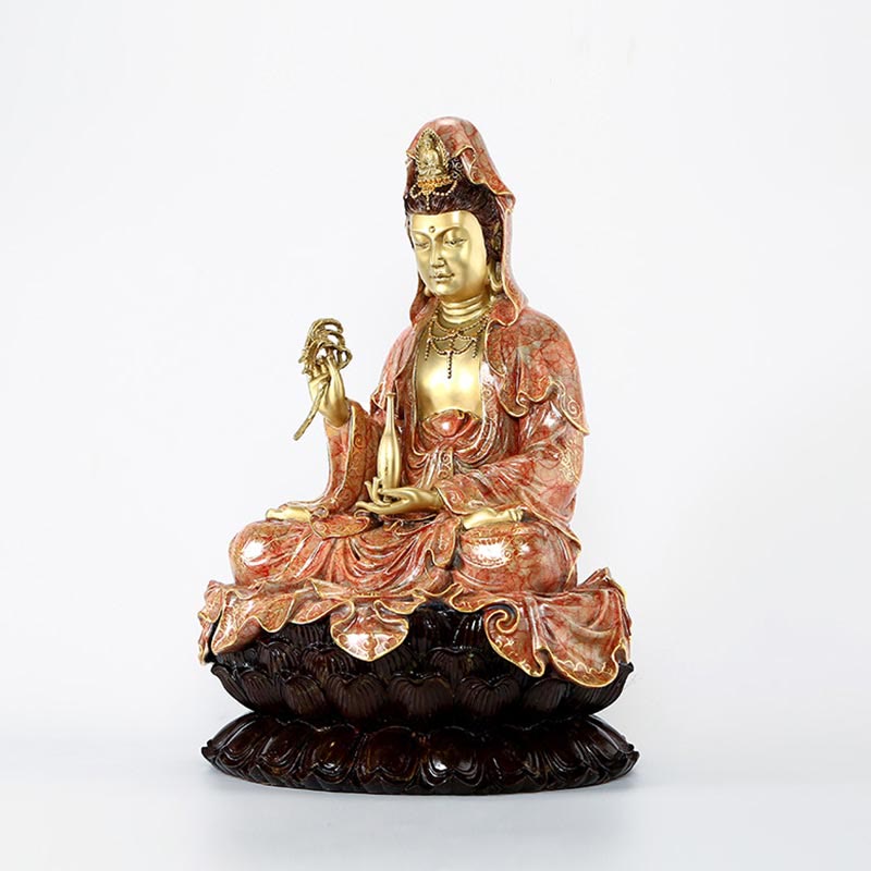 Kwan Yin Avalokitesvara Lotus Sitting Harmony Brass Copper Statue Altar Decor – Body front lit, dramatic lighting effect
