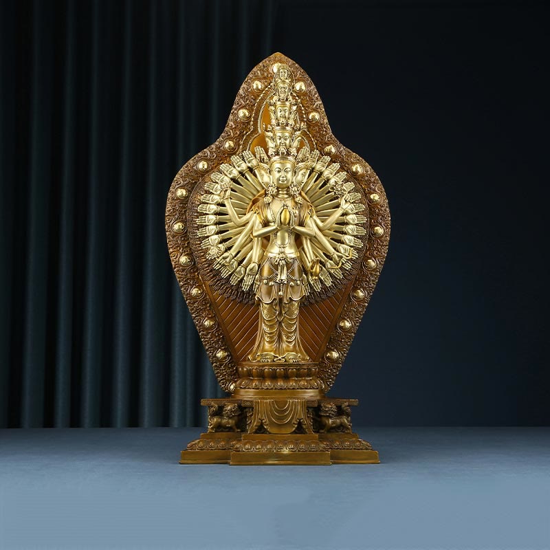 Thousand-Armed Avalokitesvara Kwan Yin Wealth Brass Copper Statue Decor – Front multi-arm view, thousand-hand Kwan Yin