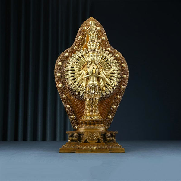 Thousand-Armed Avalokitesvara Kwan Yin Wealth Brass Copper Statue Decor – Front multi-arm view, thousand-hand Kwan Yin