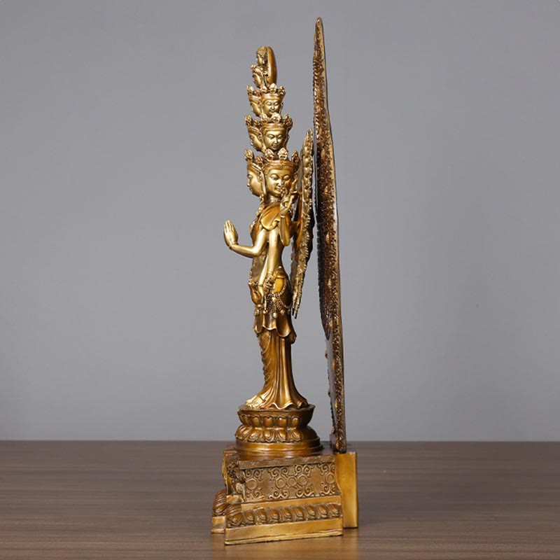 Thousand-Armed Avalokitesvara Kwan Yin Wealth Brass Copper Statue Decor – Serene main face, compassionate deity gaze