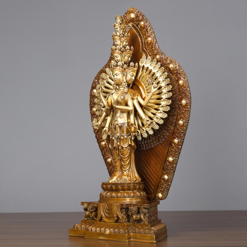 Thousand-Armed Avalokitesvara Kwan Yin Wealth Brass Copper Statue Decor – Radiating arms pattern, sacred geometry statue