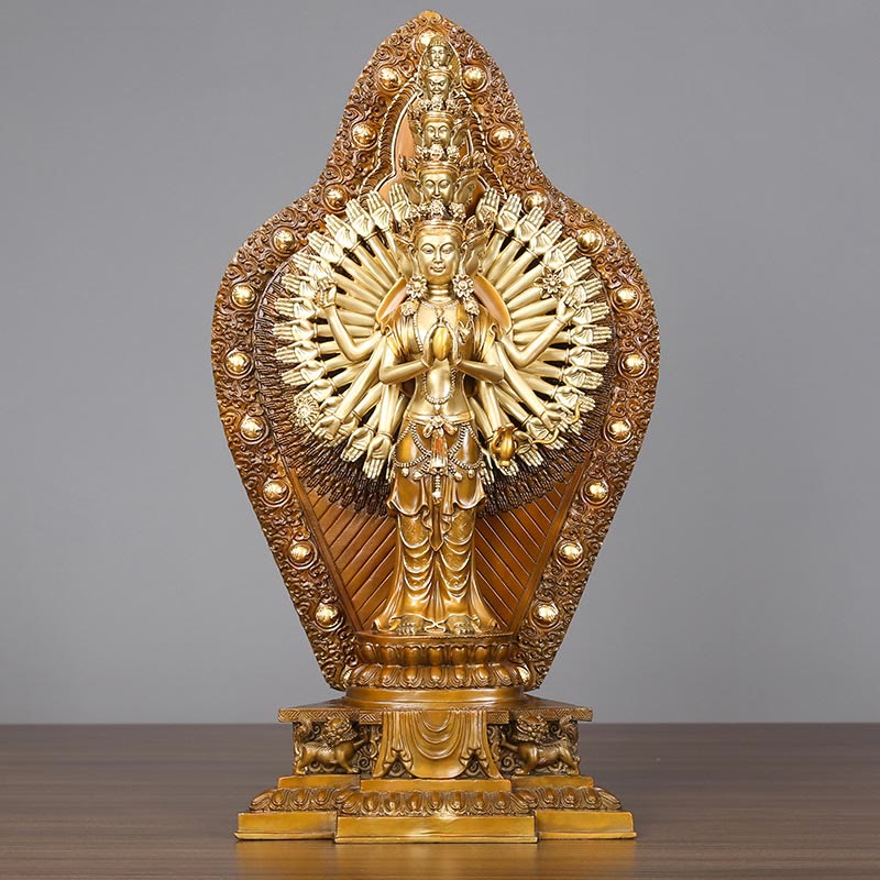 Thousand-Armed Avalokitesvara Kwan Yin Wealth Brass Copper Statue Decor – Side arm depth view, dimensional sculpture