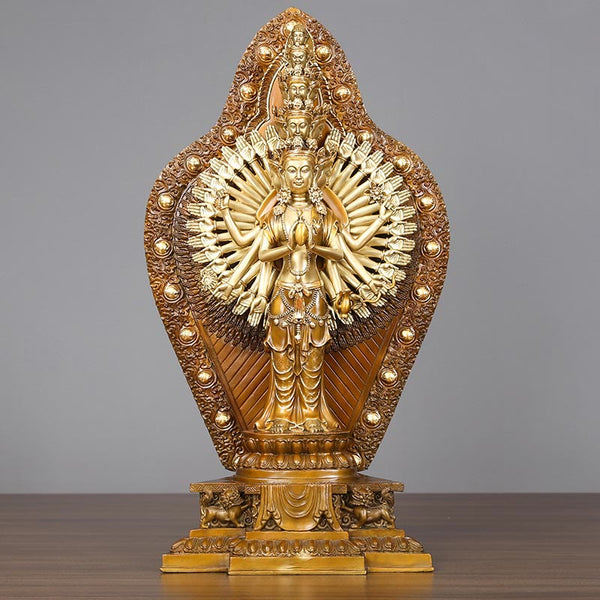 Thousand-Armed Avalokitesvara Kwan Yin Wealth Brass Copper Statue Decor – Side arm depth view, dimensional sculpture